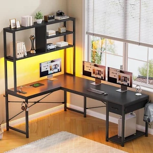 L Shaped Computer Desk with LED Lights and Storage
